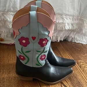 Black Heeled Boots with Floral Design and Glossy Finish
NWOT